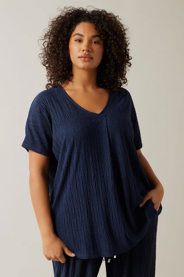 Evans Curve Navy Blue Plisse Pleat Front Top