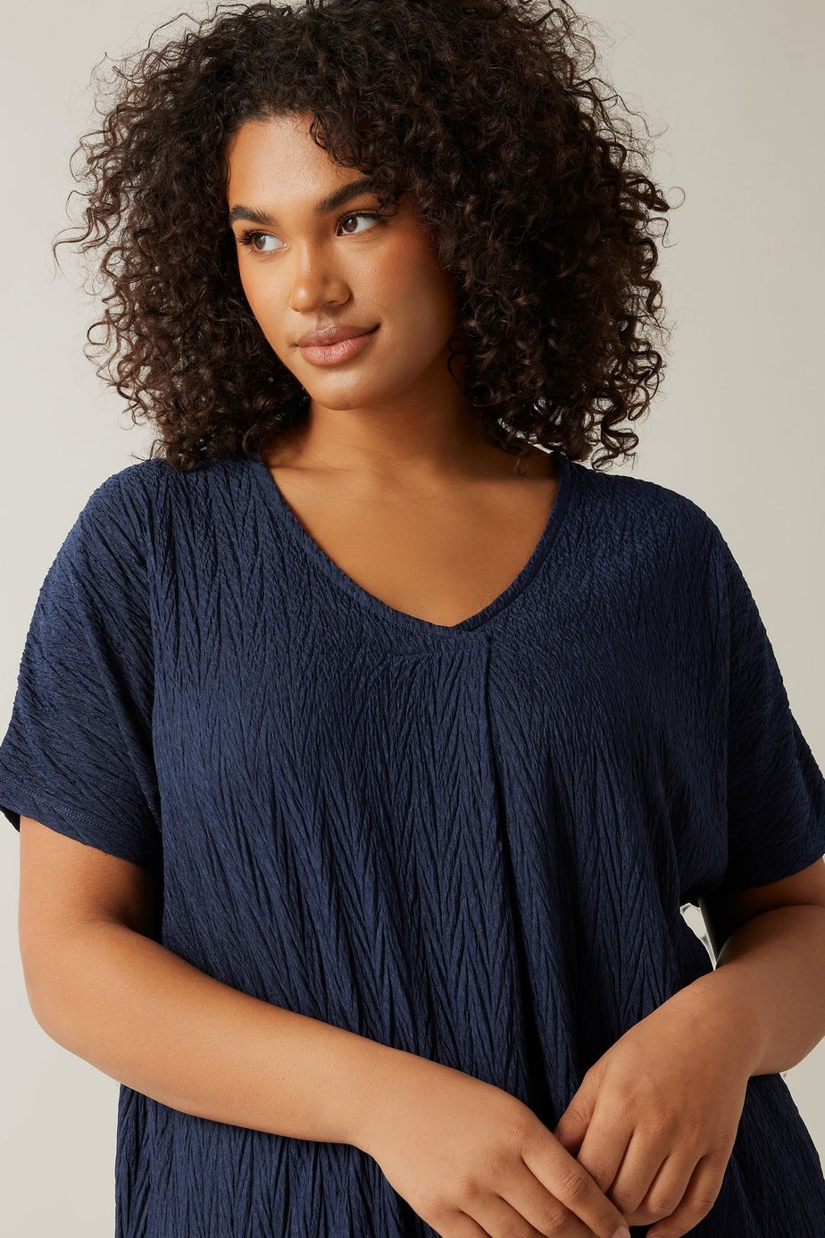 Evans Curve Navy Blue Plisse Pleat Front Top