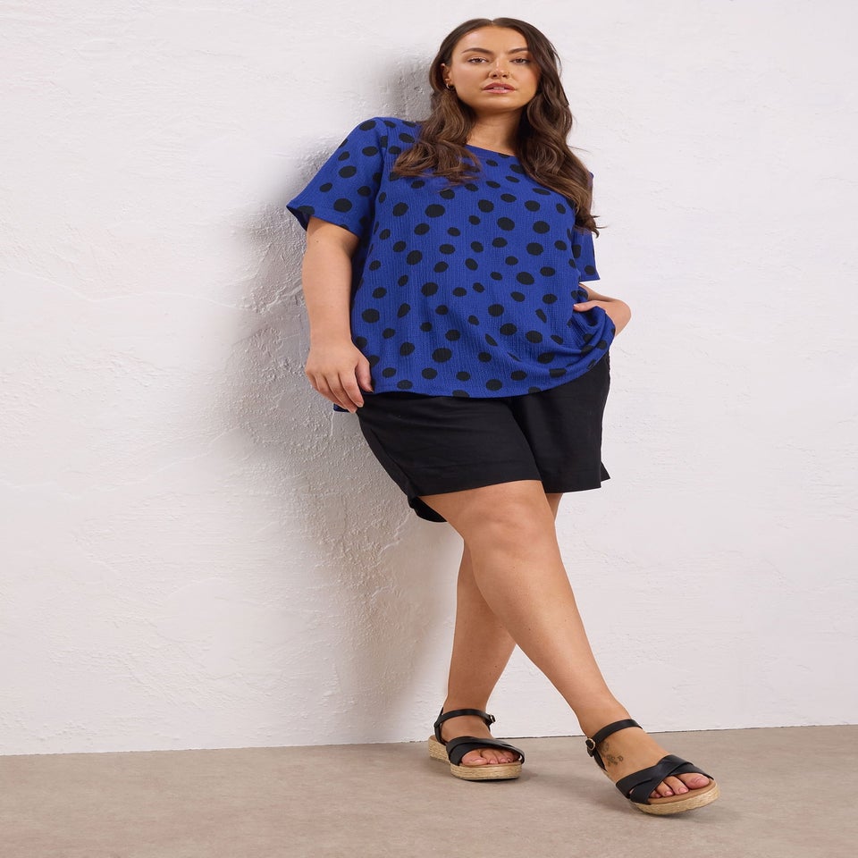 Evans Curve Cobalt Blue Crepe Spot Print Top