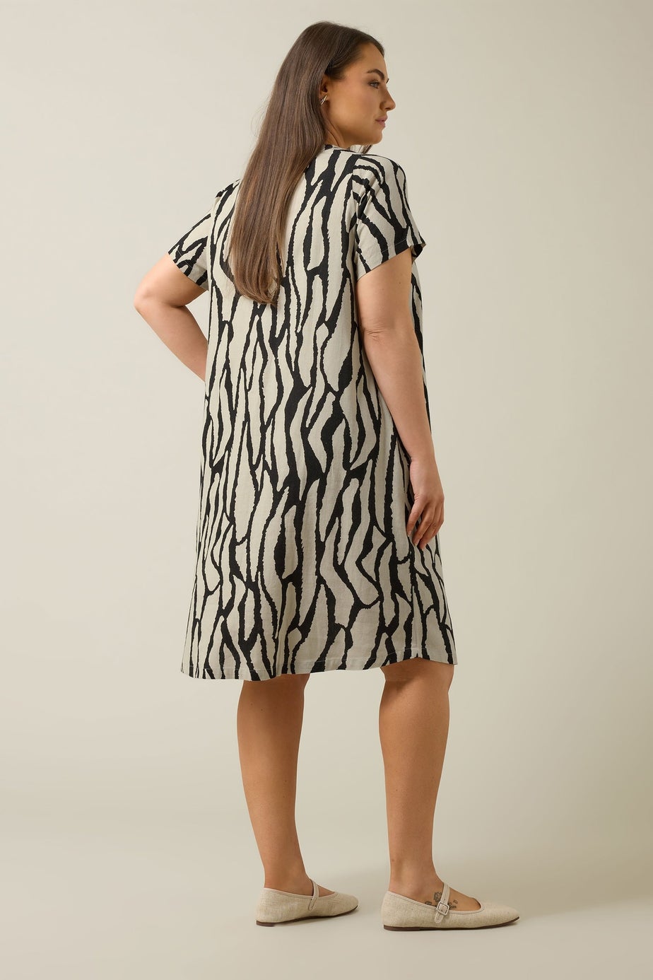 Evans Curve Natural Brown Abstract Print Premium Linen Dress