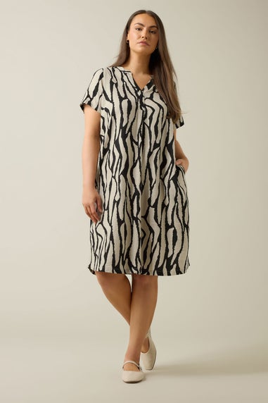 Evans Curve Natural Brown Abstract Print Premium Linen Dress