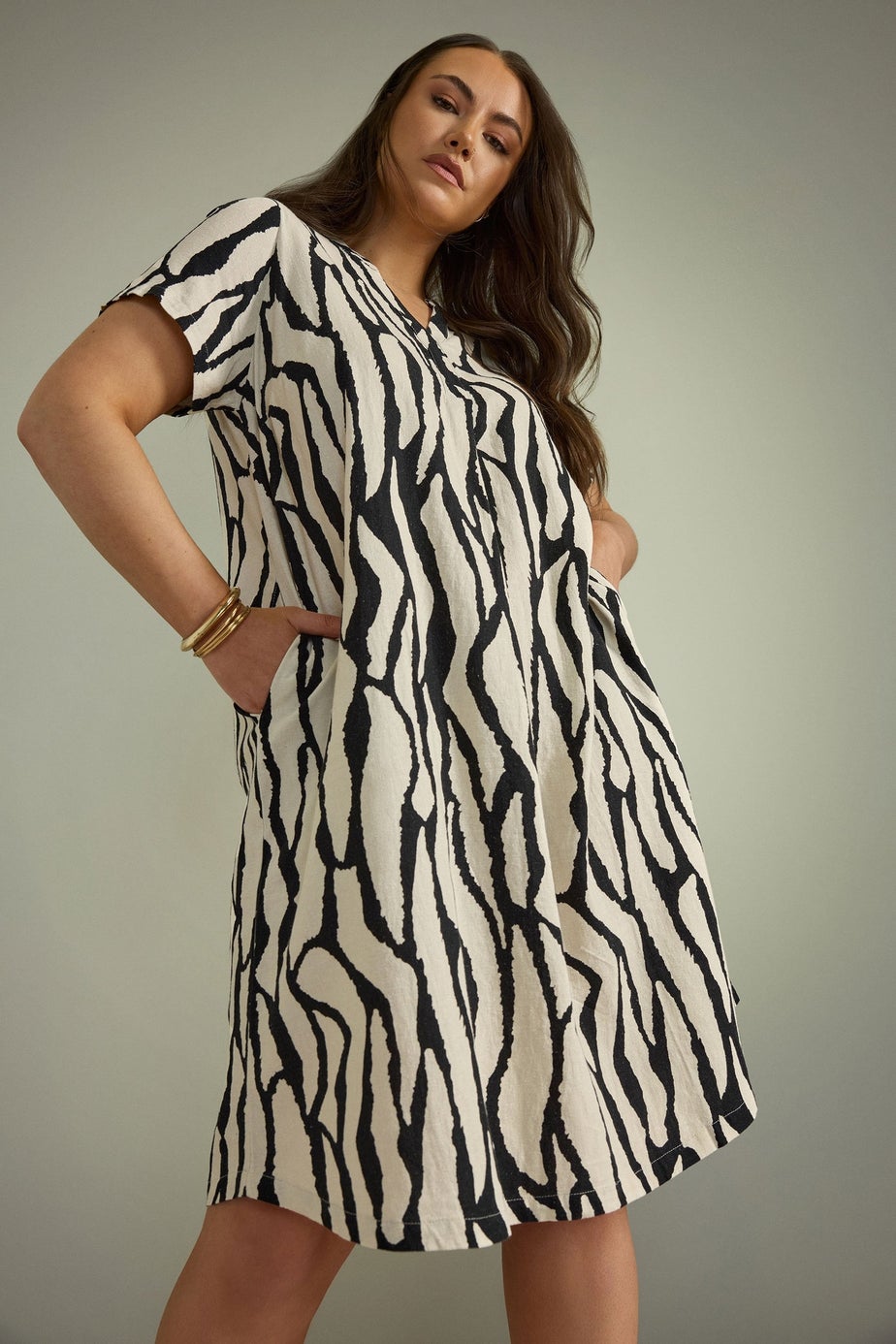 Evans Curve Natural Brown Abstract Print Premium Linen Dress