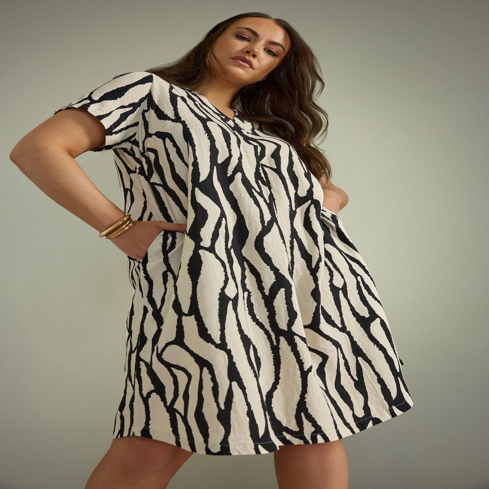 Evans Curve Natural Brown Abstract Print Premium Linen Dress