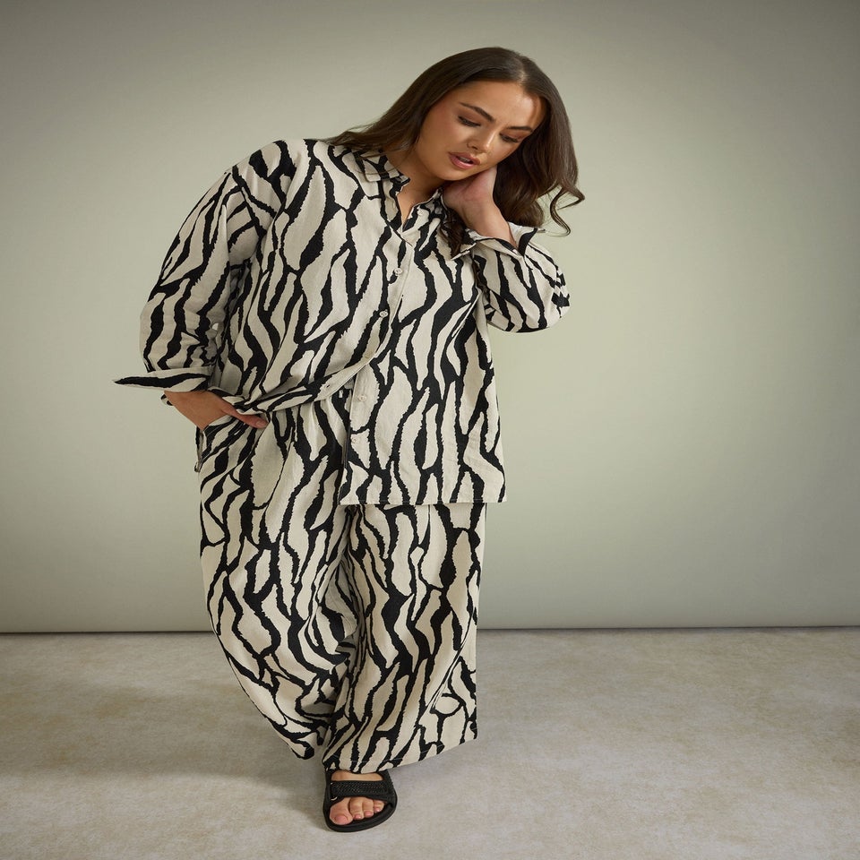 Evans Curve Natural Brown Abstract Print Premium Linen Trousers