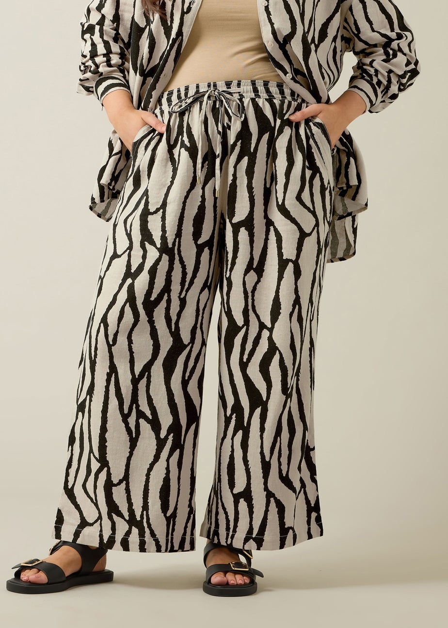 Evans Curve Natural Brown Abstract Print Premium Linen Trousers