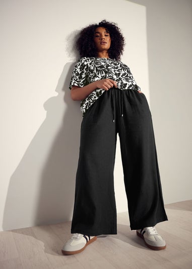 Evans Curve Black Wide Leg Premium Linen Trousers