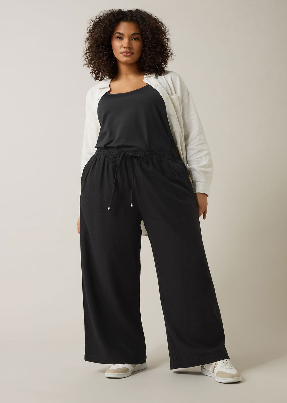 Evans Curve Black Wide Leg Premium Linen Trousers