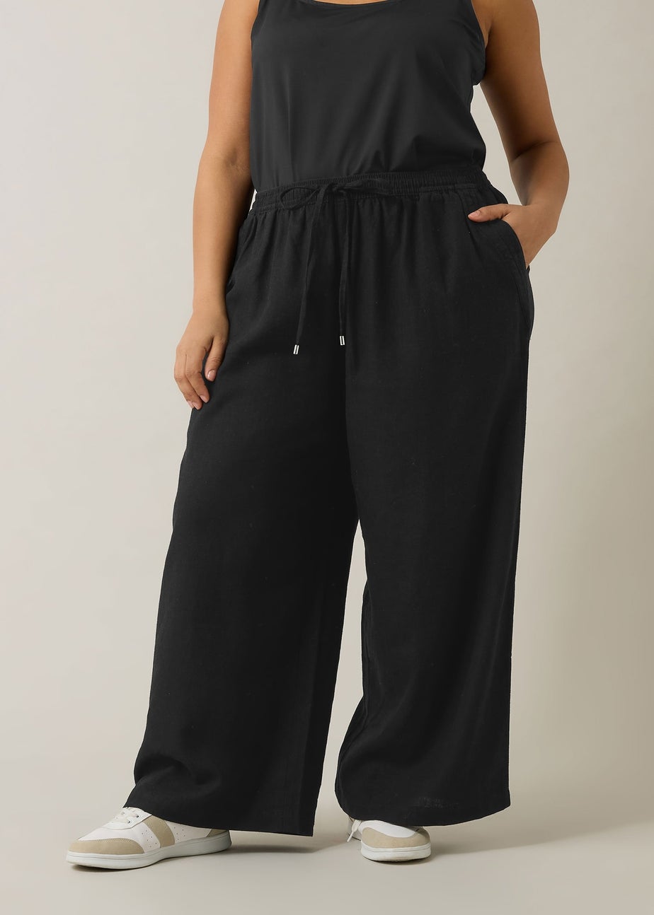 Evans Curve Black Wide Leg Premium Linen Trousers