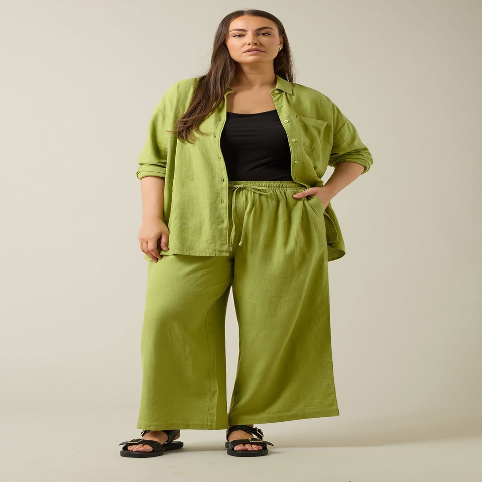 Evans Curve Chartreuse Green Wide Leg Premium Linen Trousers