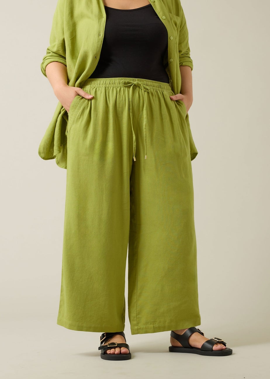 Evans Curve Chartreuse Green Wide Leg Premium Linen Trousers