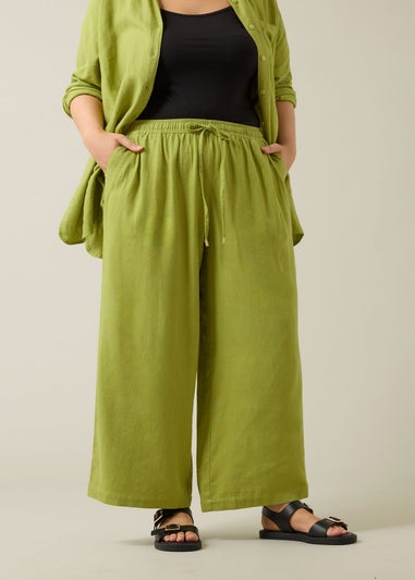 Evans Curve Chartreuse Green Wide Leg Premium Linen Trousers