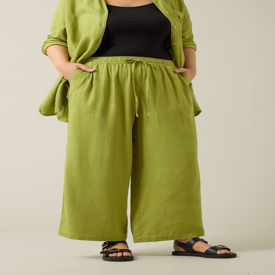Evans Curve Chartreuse Green Wide Leg Premium Linen Trousers