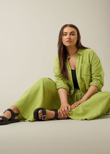 Evans Curve Chartreuse Green Wide Leg Premium Linen Trousers