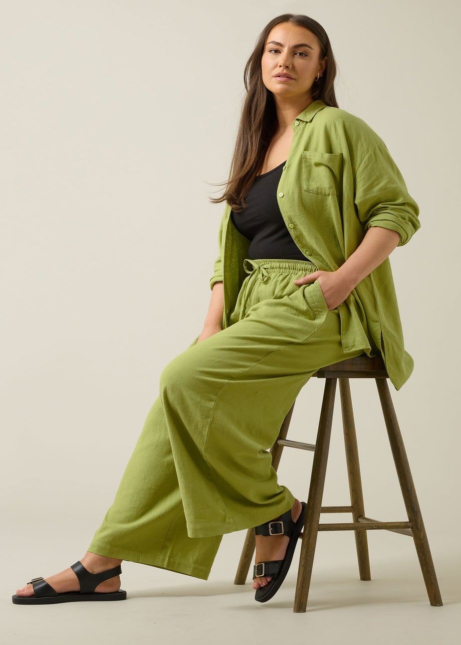Evans Curve Chartreuse Green Wide Leg Premium Linen Trousers