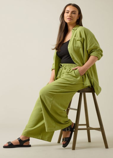 Evans Curve Chartreuse Green Wide Leg Premium Linen Trousers