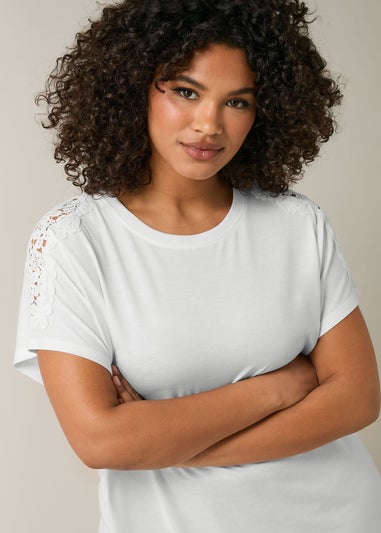 Evans Curve White Crochet Shoulder Modal Rich T-Shirt