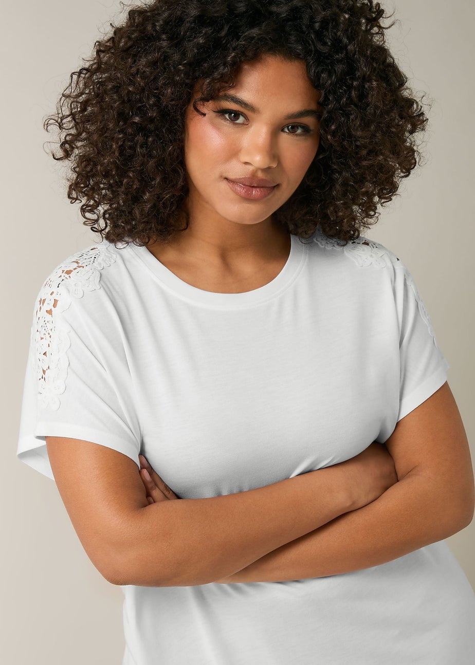 Evans Curve White Crochet Shoulder Modal Rich T-Shirt