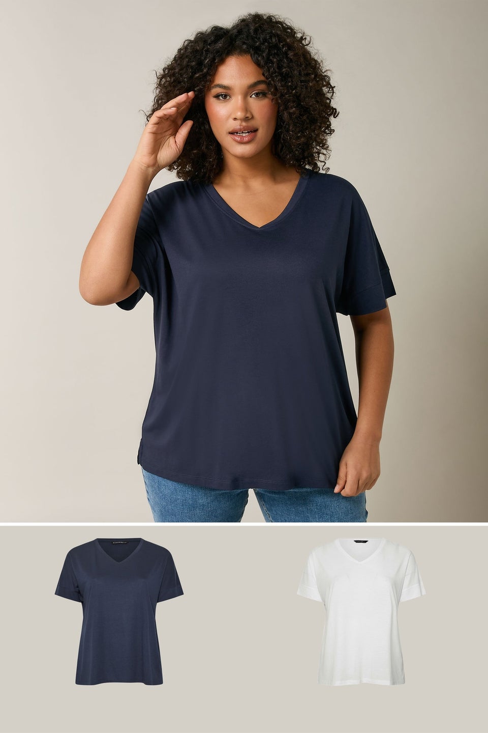 Evans 2 Pack Curve Navy Blue & White V-Neck Modal Rich T-Shirts