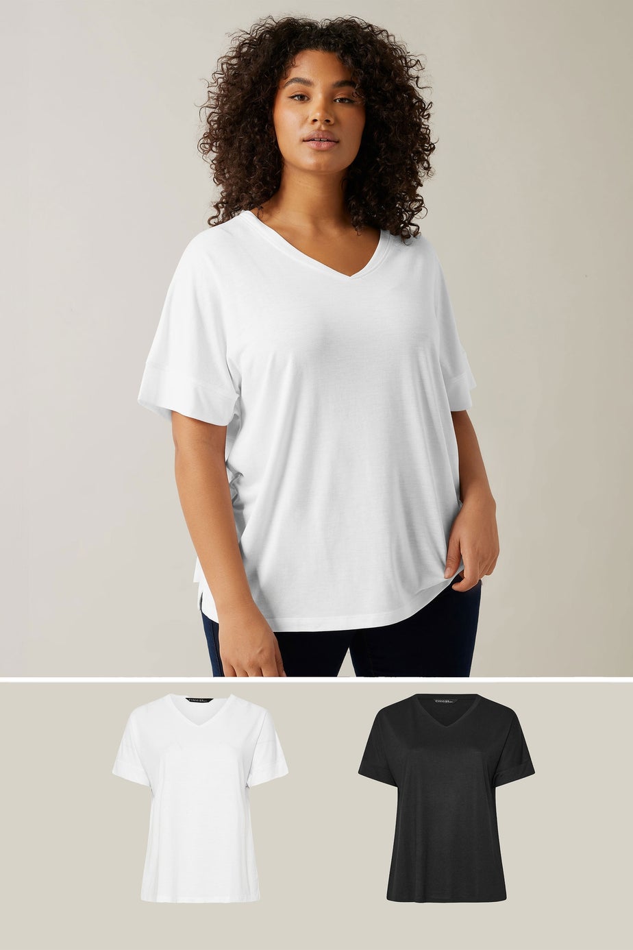 Evans 2 Pack Curve White & Black V-Neck Modal Rich T-Shirts