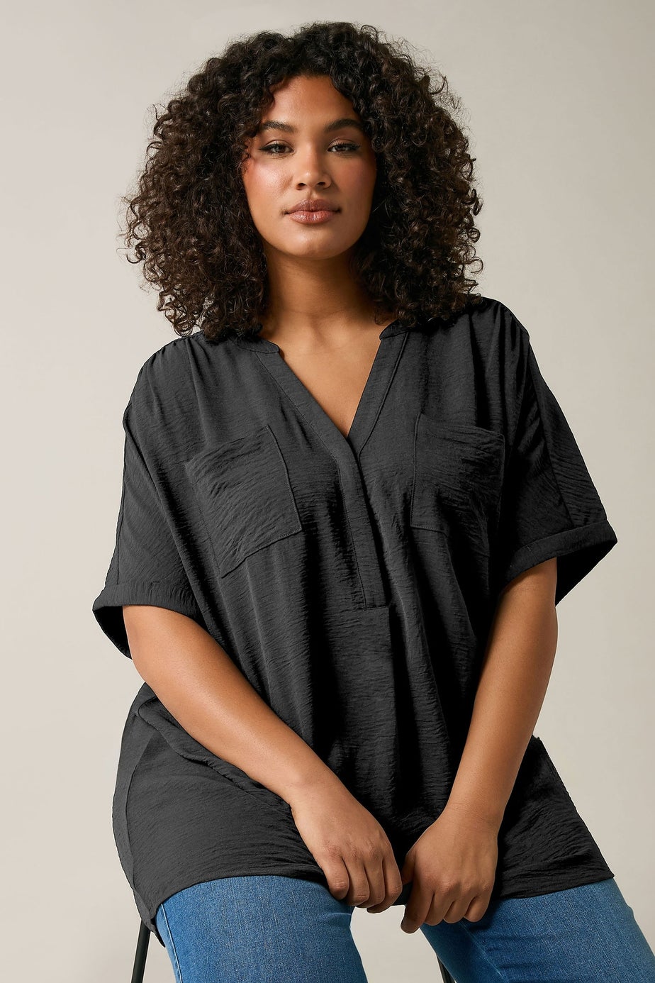 EVANS Curve Black Pocket Front Overhead Utility Shirt