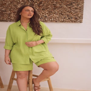 EVANS Curve Chartreuse Green Long Sleeve Premium Linen Shirt