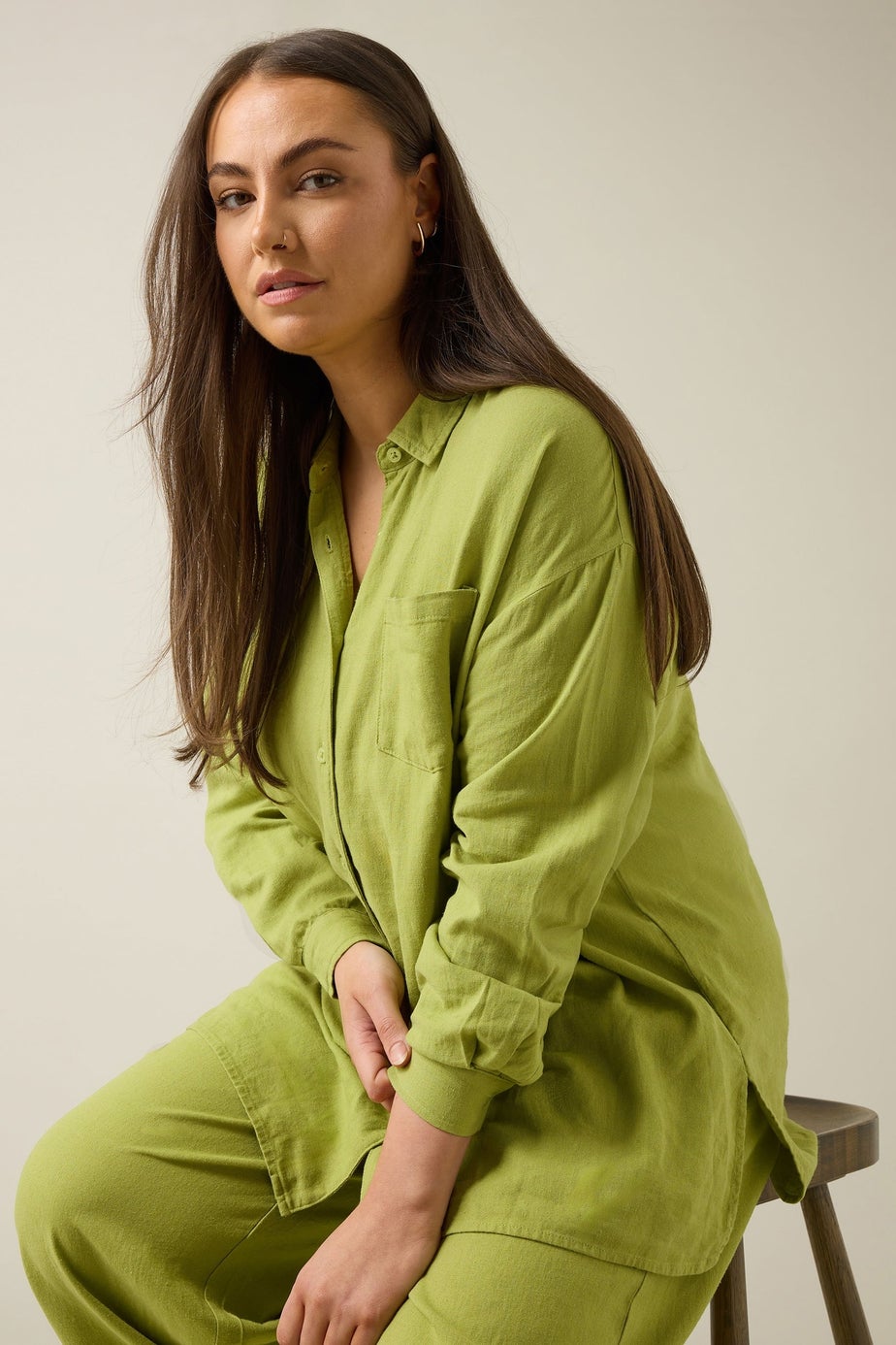 EVANS Curve Chartreuse Green Long Sleeve Premium Linen Shirt
