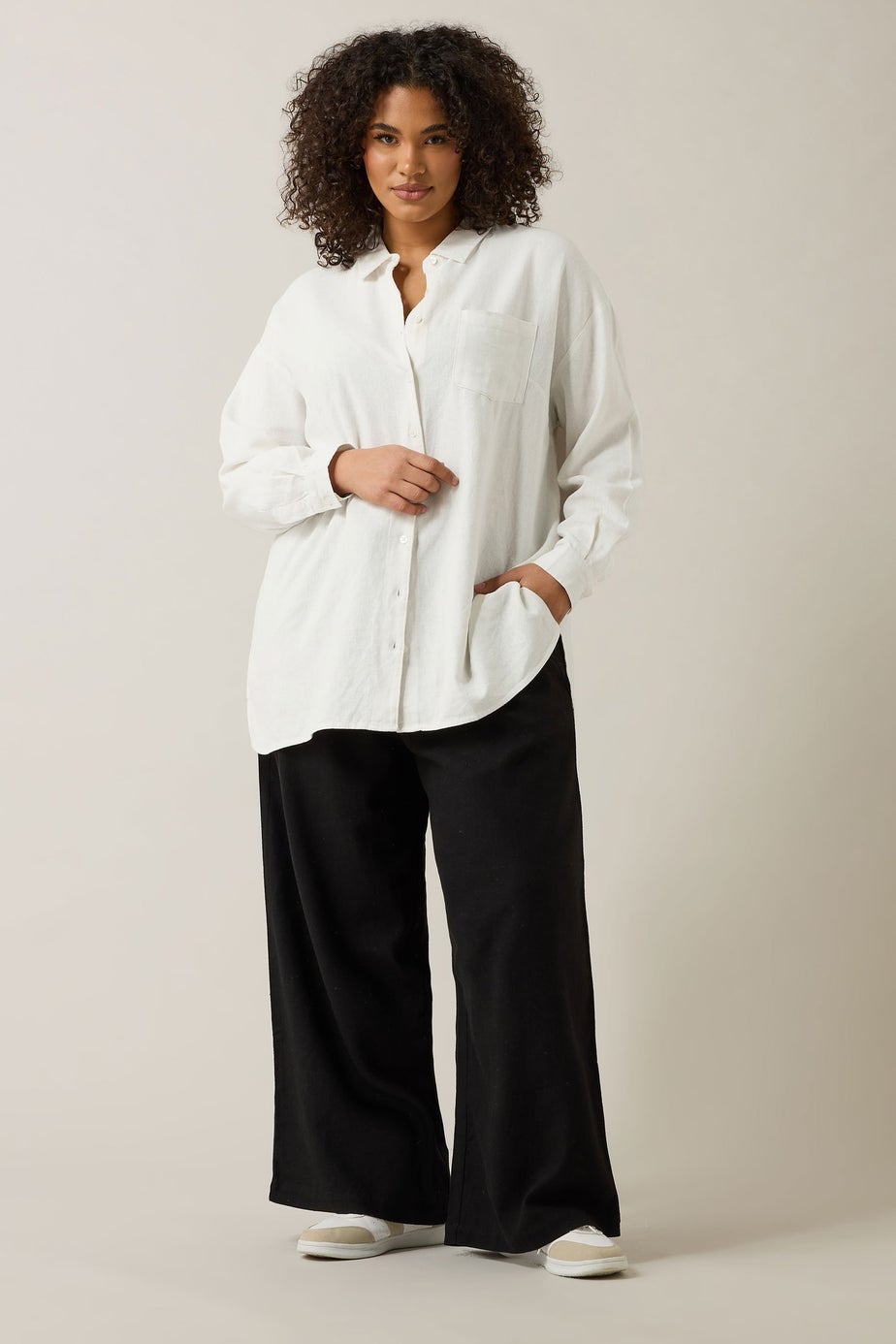 EVANS Curve White Long Sleeve Premium Linen Shirt