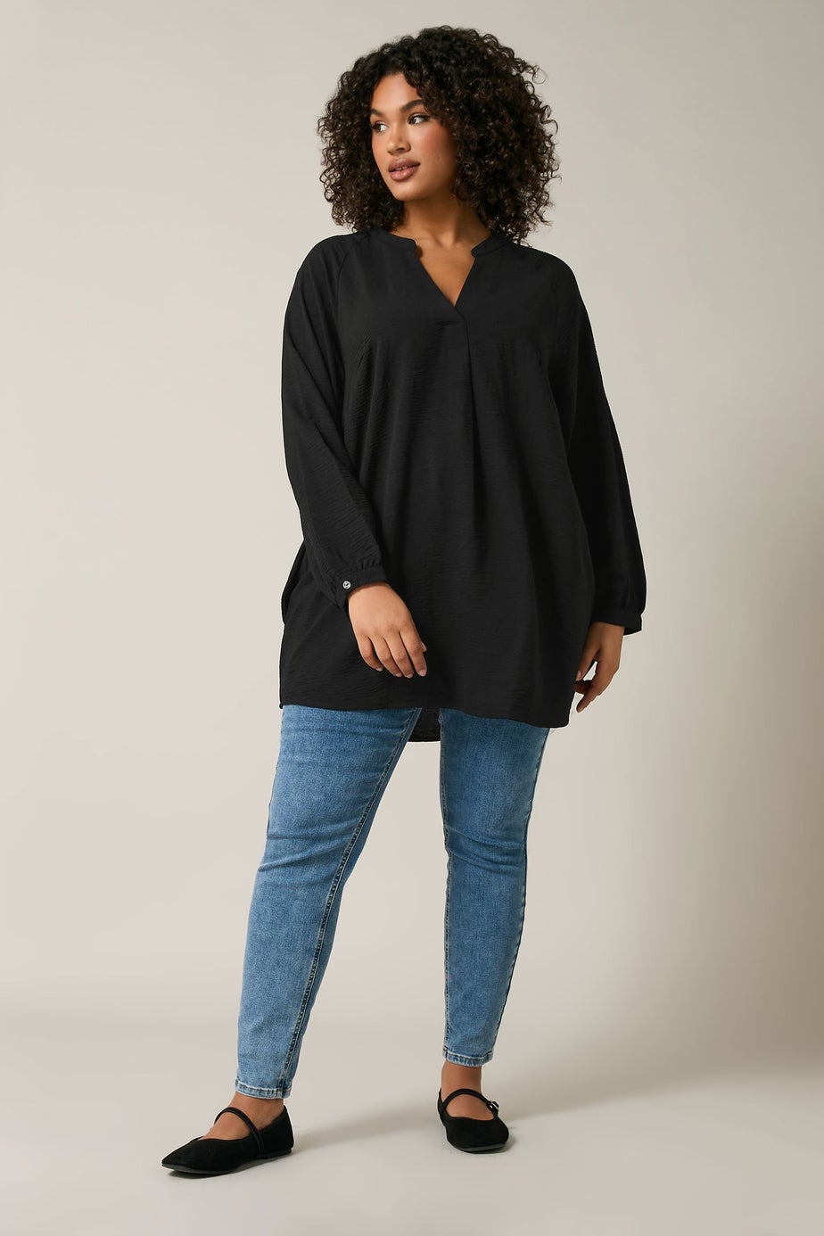 EVANS Curve Black Notch Neck Long Sleeve Blouse