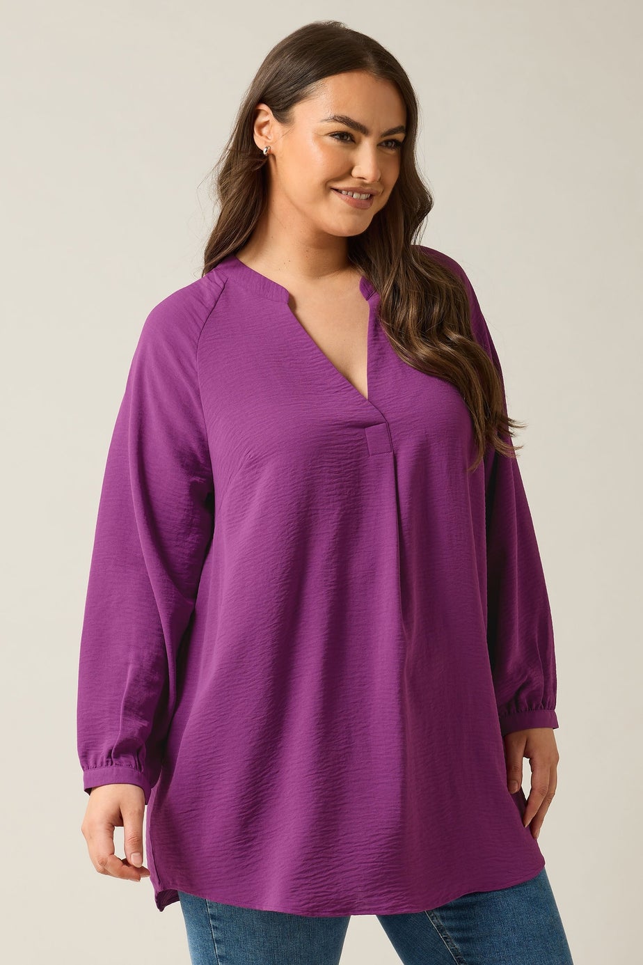 EVANS Curve Pink Notch Neck Long Sleeve Blouse