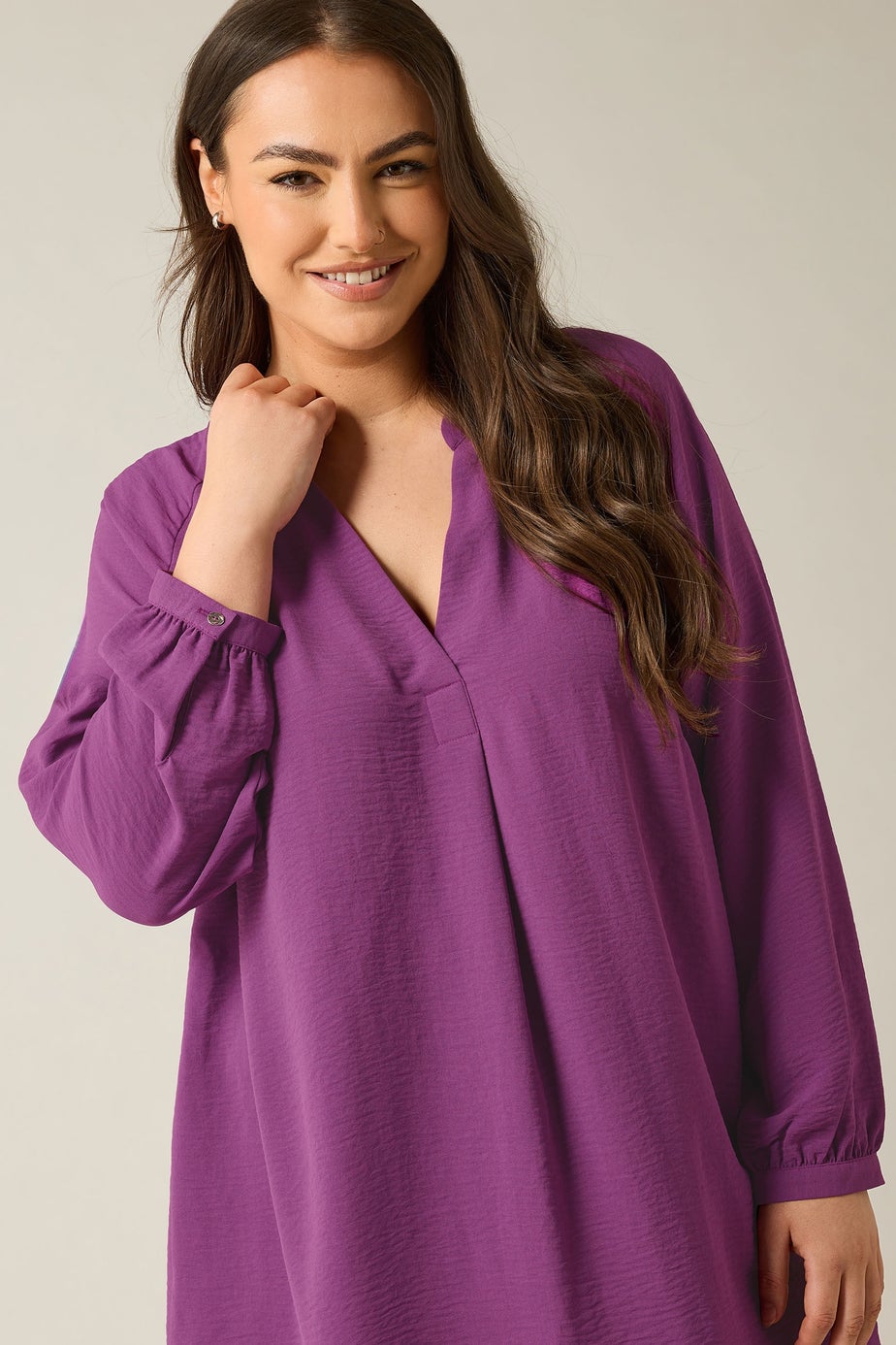 EVANS Curve Pink Notch Neck Long Sleeve Blouse
