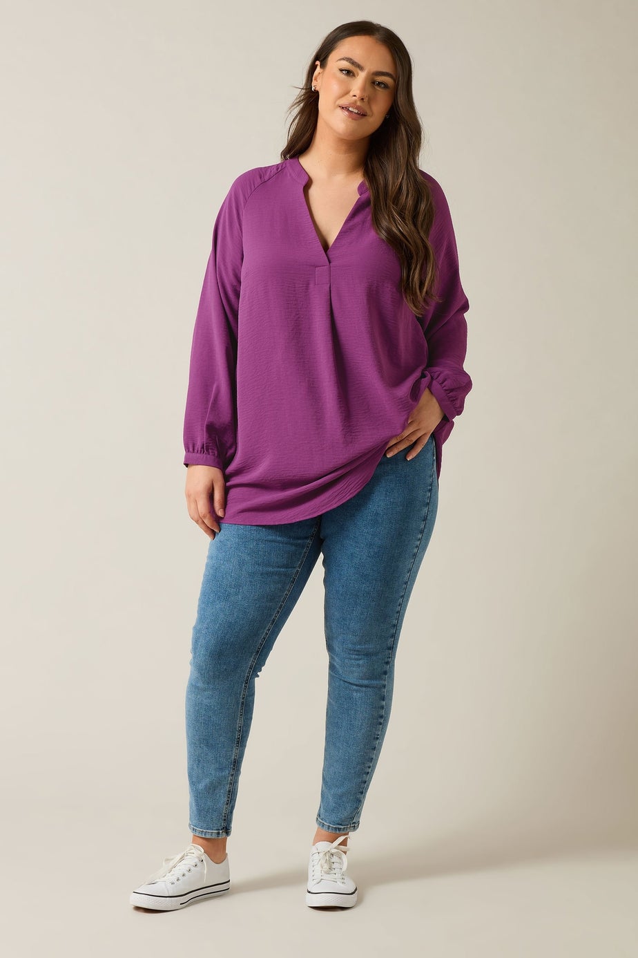 EVANS Curve Pink Notch Neck Long Sleeve Blouse