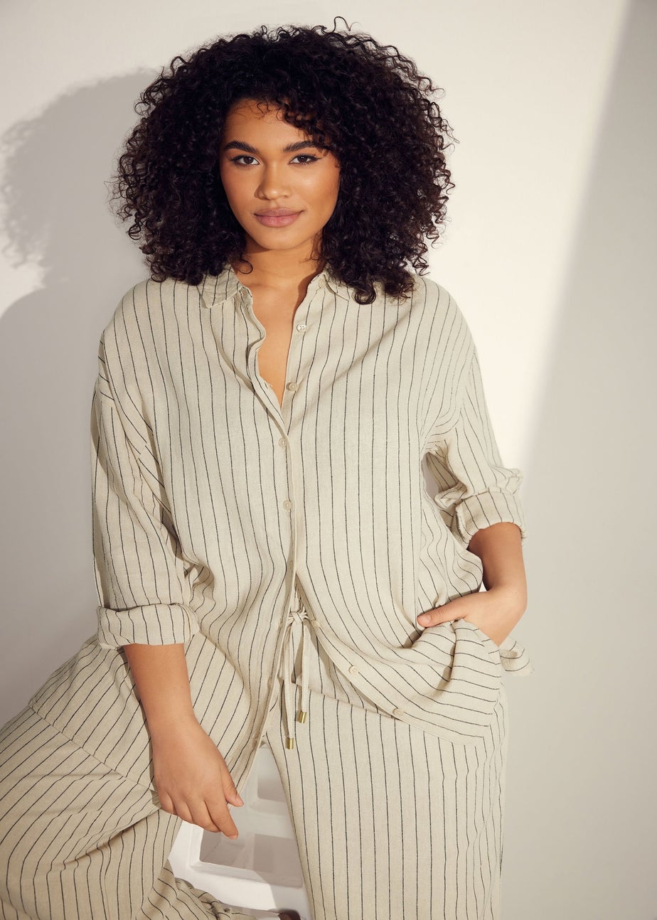 EVANS Curve Natural Brown Stripe Print Premium Linen Shirt