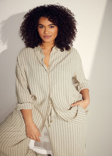 EVANS Curve Natural Brown Stripe Print Premium Linen Shirt