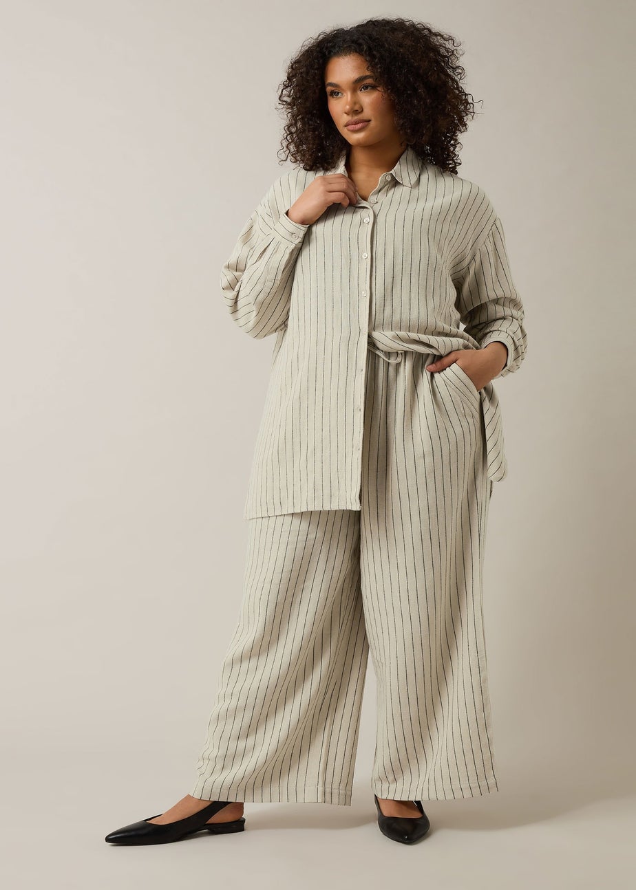 EVANS Curve Natural Brown Stripe Print Premium Linen Shirt