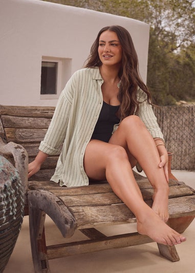 EVANS Curve Natural Brown Stripe Print Premium Linen Shirt