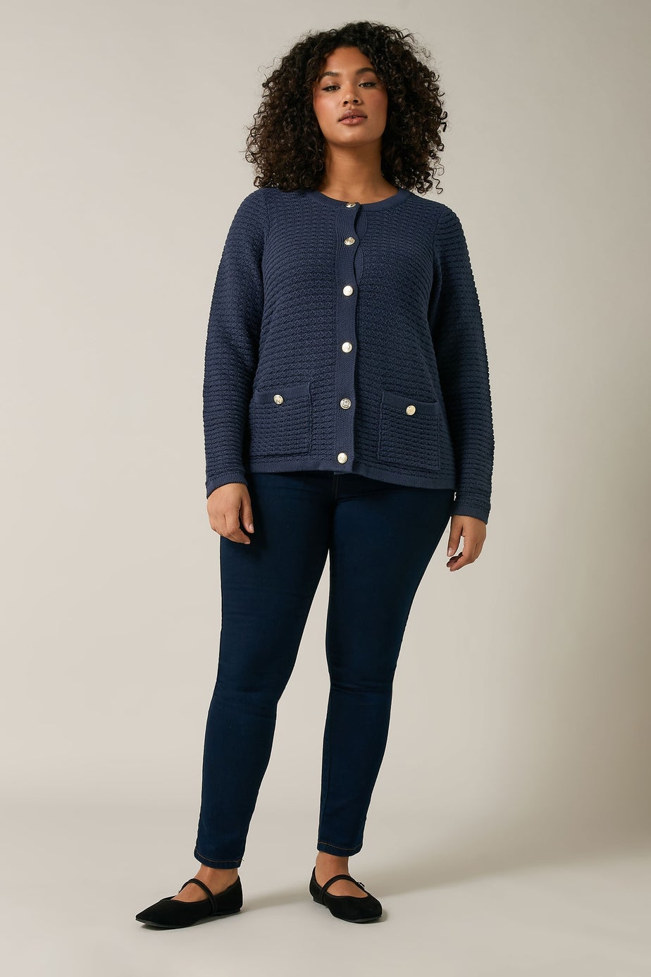 Evans Curve Navy Blue Button Through Knitted Cardigan