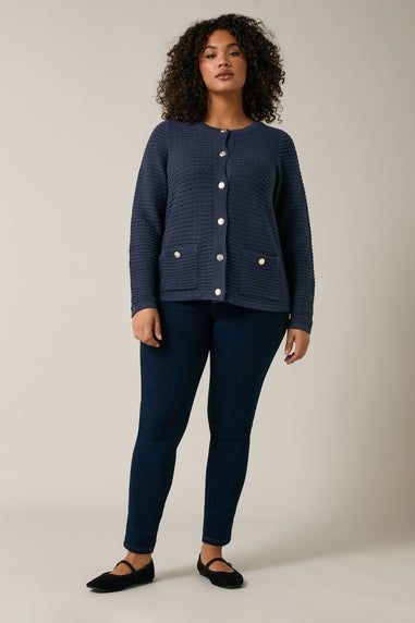 Evans Curve Navy Blue Button Through Knitted Cardigan