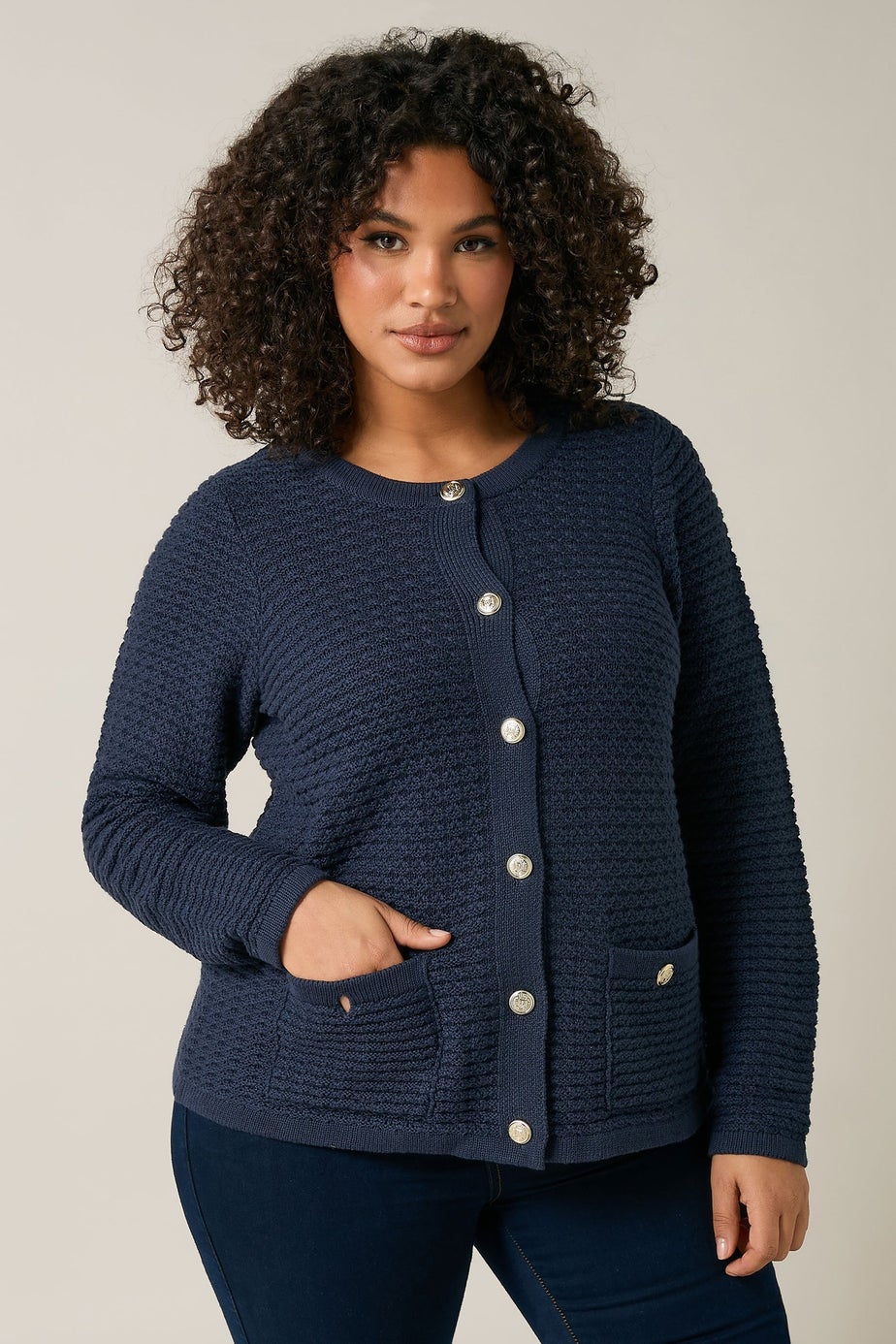 Evans Curve Navy Blue Button Through Knitted Cardigan