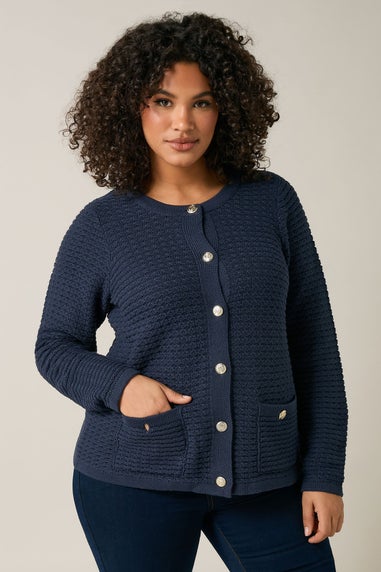 Evans Curve Navy Blue Button Through Knitted Cardigan