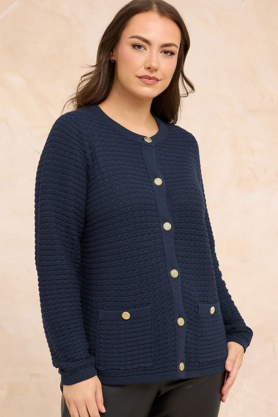 Evans Curve Navy Blue Button Through Knitted Cardigan