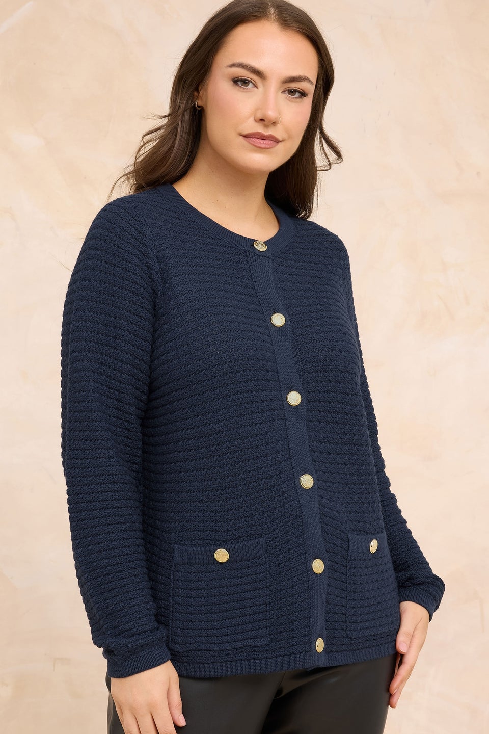 Evans Curve Navy Blue Button Through Knitted Cardigan