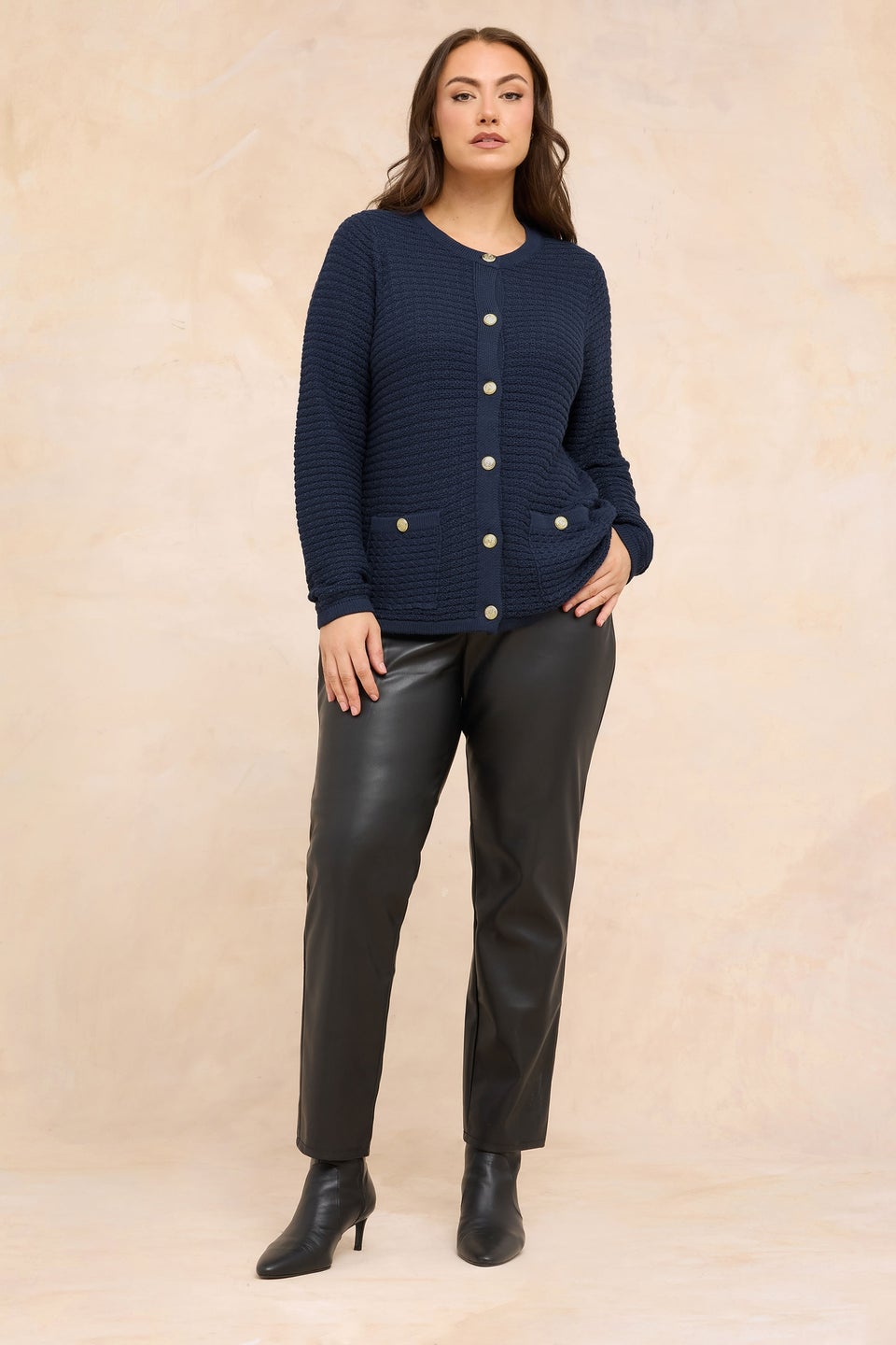 Evans Curve Navy Blue Button Through Knitted Cardigan