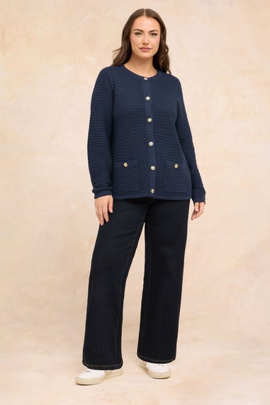 Evans Curve Navy Blue Button Through Knitted Cardigan
