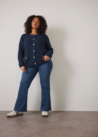 Evans Curve Navy Blue Button Through Knitted Cardigan