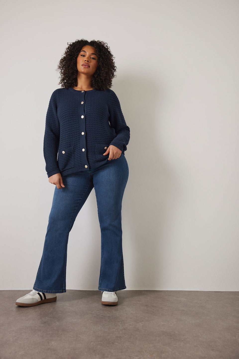 Evans Curve Navy Blue Button Through Knitted Cardigan