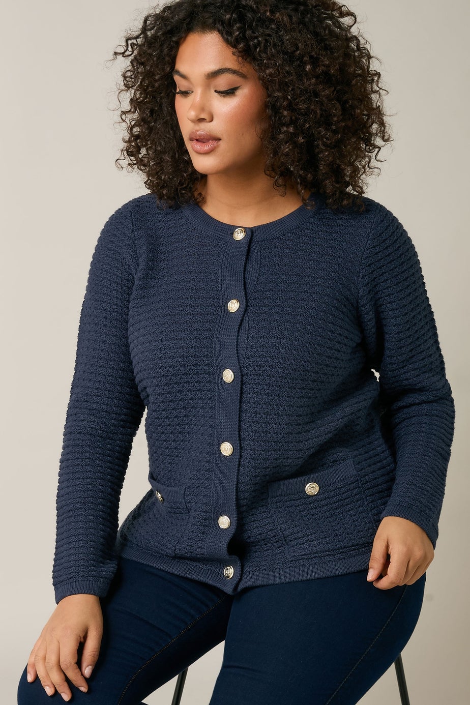 Evans Curve Navy Blue Button Through Knitted Cardigan