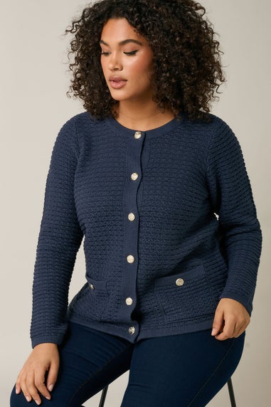 Evans Curve Navy Blue Button Through Knitted Cardigan