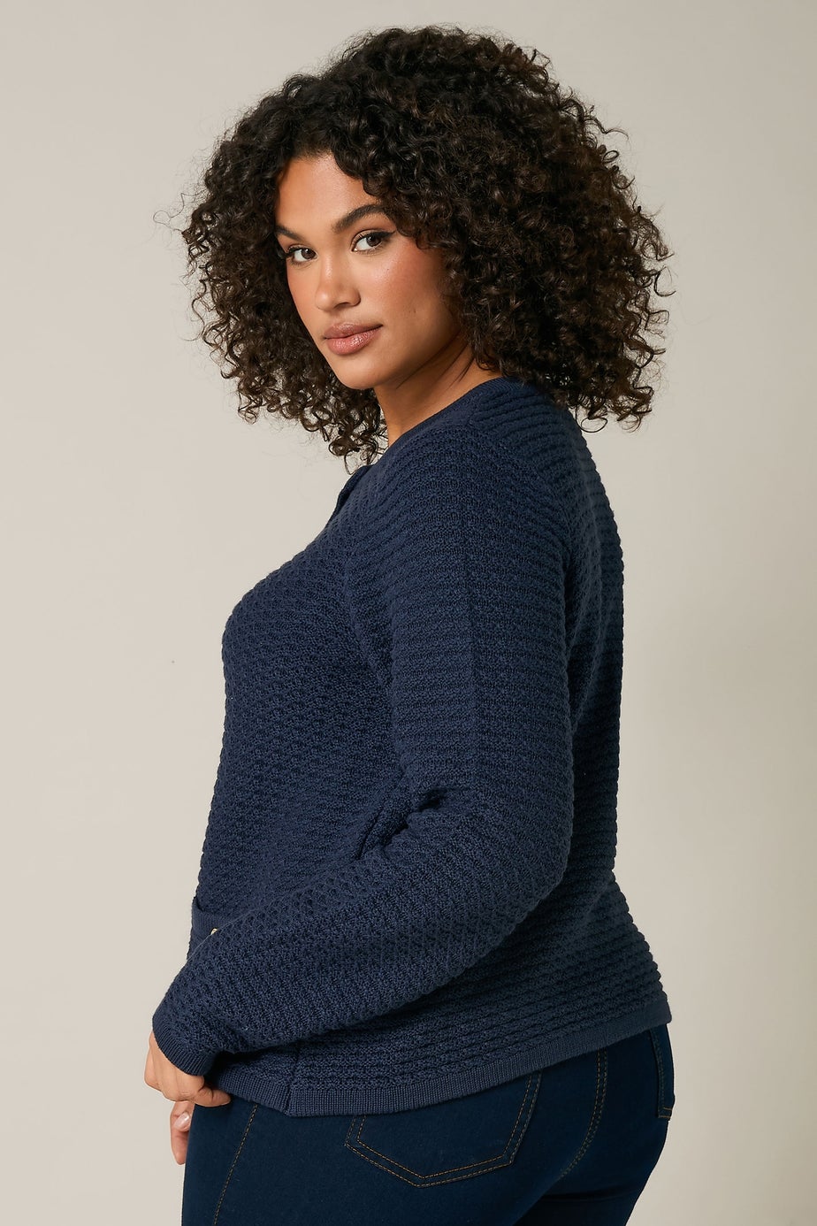 Evans Curve Navy Blue Button Through Knitted Cardigan