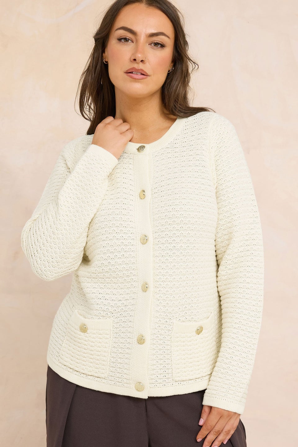Evans Curve Cream Button Through Knitted Cardigan