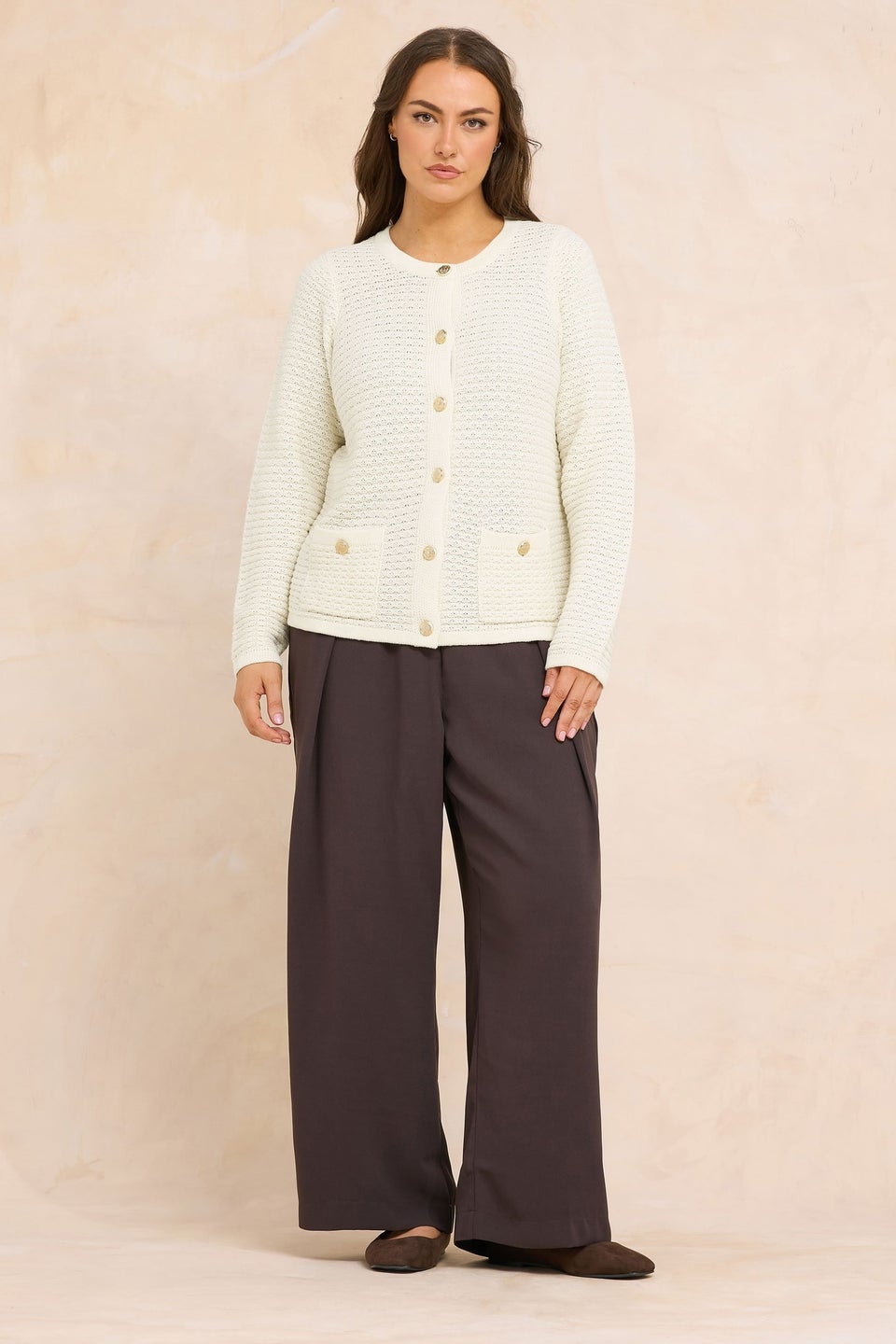 Evans Curve Cream Button Through Knitted Cardigan